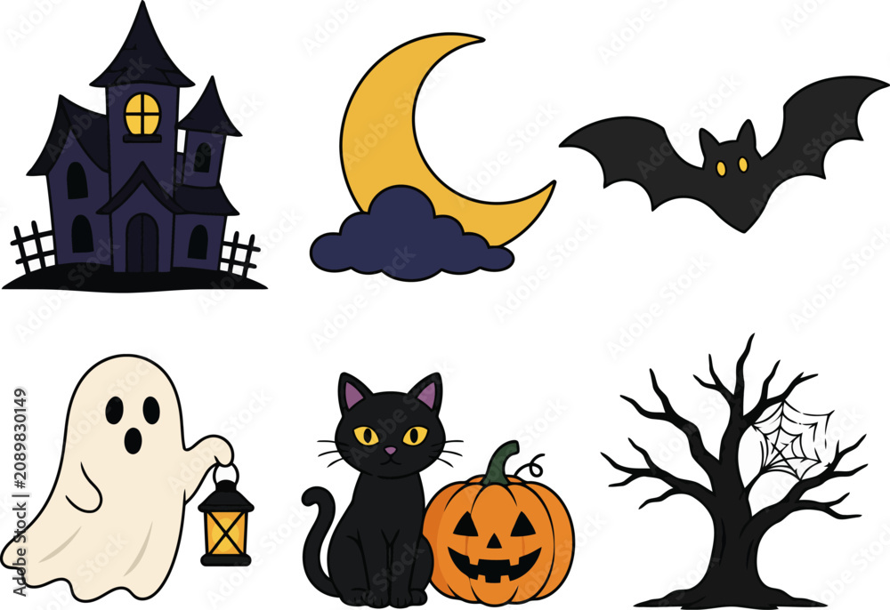 Fototapeta premium Spooky Halloween icons with bat moon haunted house ghost tree and pumpkin for festive decoration designs