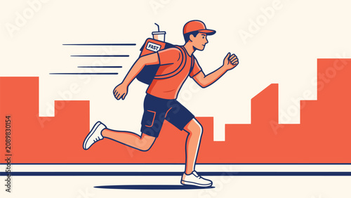 Running delivery courier wearing backpack sprinting through city street scene. Vector illustration