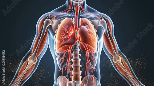 Detailed View of Transparent Human Body Anatomy Highlighting Lungs and Circulatory System for Medical and Physiology Concepts in 4K Quality