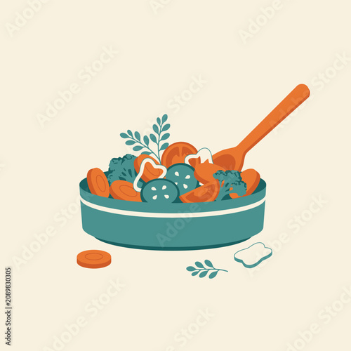 Fresh vegetable salad in bowl with wooden spoon for healthy eating concept. Vector illustration