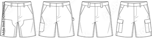 men's multi pocket utility shorts technical drawing vector illustration. CAD mockup.