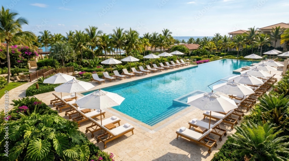 Fototapeta premium Large rectangular swimming pool at a luxury tropical resort