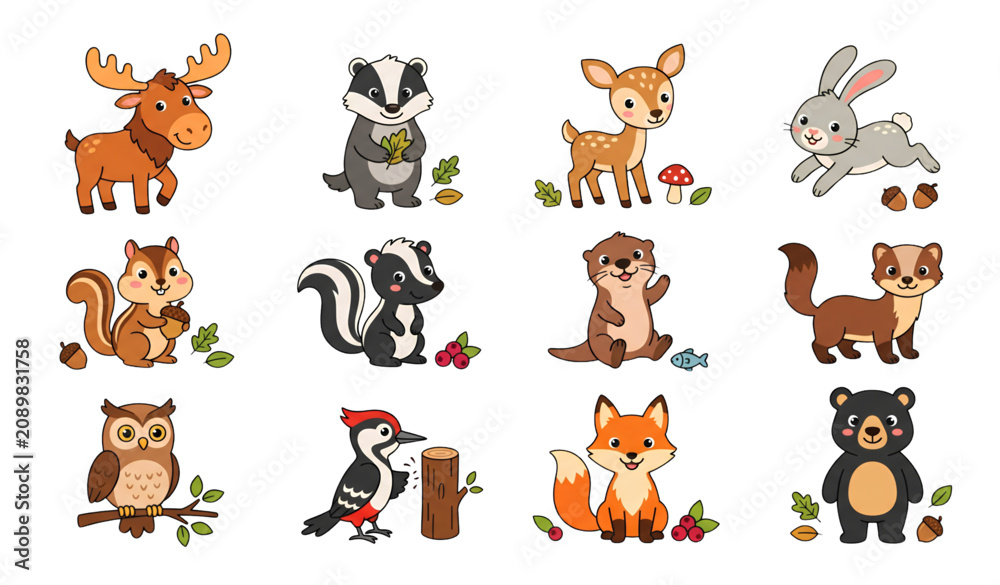 Fototapeta premium Wild Forest Animals Cartoon Vector Collection with Cute Woodland Wildlife Characters Isolated on White Background