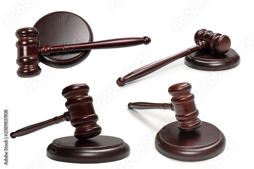 Quadro em tela Wooden judge gavel and soundboard isolated on a white background.
