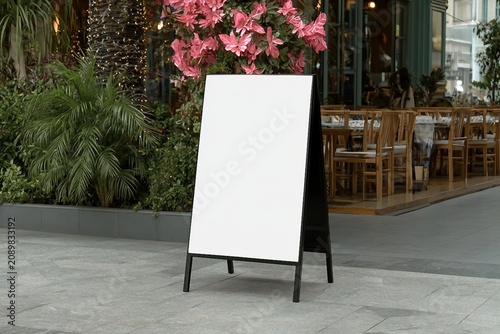 Blank white outdoor advertising stand sandwich board mock up template. Clear street signage board placed by an outdoor dinning area of a restaurant.