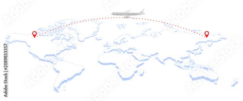 An airplane flying over a world map with location pins and a flight path line, vector illustration isolated on white background.