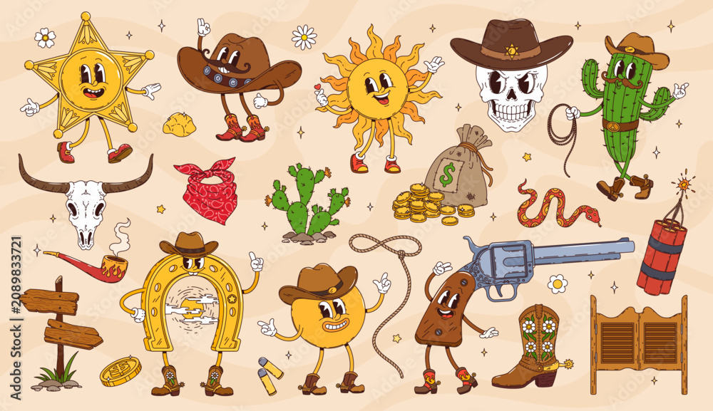 Fototapeta premium Groovy Western characters, Wild West hippie vector personages. Cartoon groovy cowboy hat, boots and gun, cute Western cactus, skull and horseshoe, retro y2k Wild West sheriff star and sun emoji