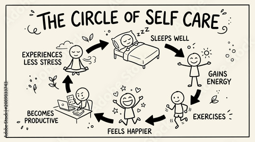 A Hand Drawn illustration of a person practicing self care daily activities