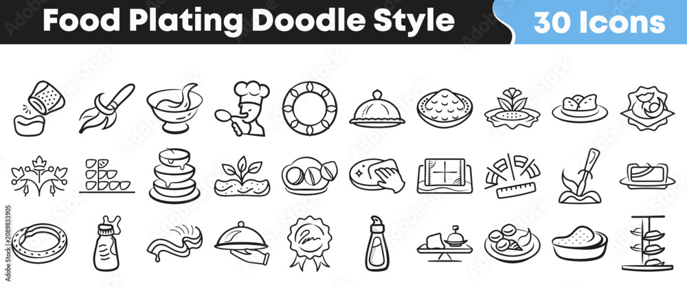 Obraz premium Hand drawn collection of food plating icons in doodle style