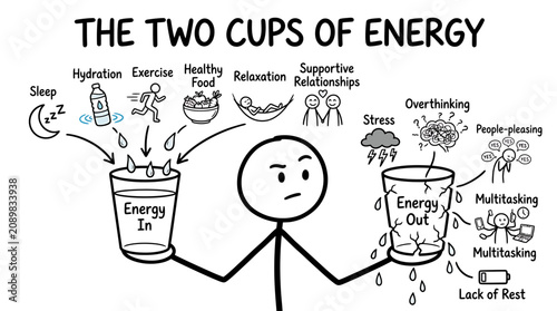 Stick figure balancing two cups of energy with various factors Hand Drawn