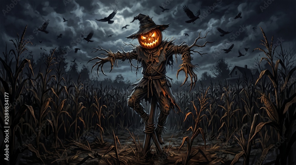 Fototapeta premium Halloween Scarecrow Glowing Jack O Lantern Cornfield