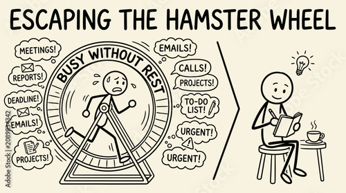 фотографія Hand Drawn Illustration of Frustrated Office Worker Escaping Busy Hamster Wheel
