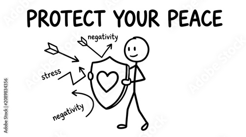A Hand Drawn person holds a shield against stress and negativity.