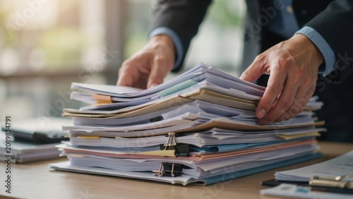 Close up of business person hands organizing a large stack of office paper documents