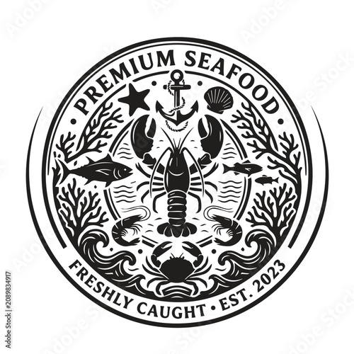 Tableau sur toile Premium seafood freshly caught circle badge with nautical shellfish restaurant