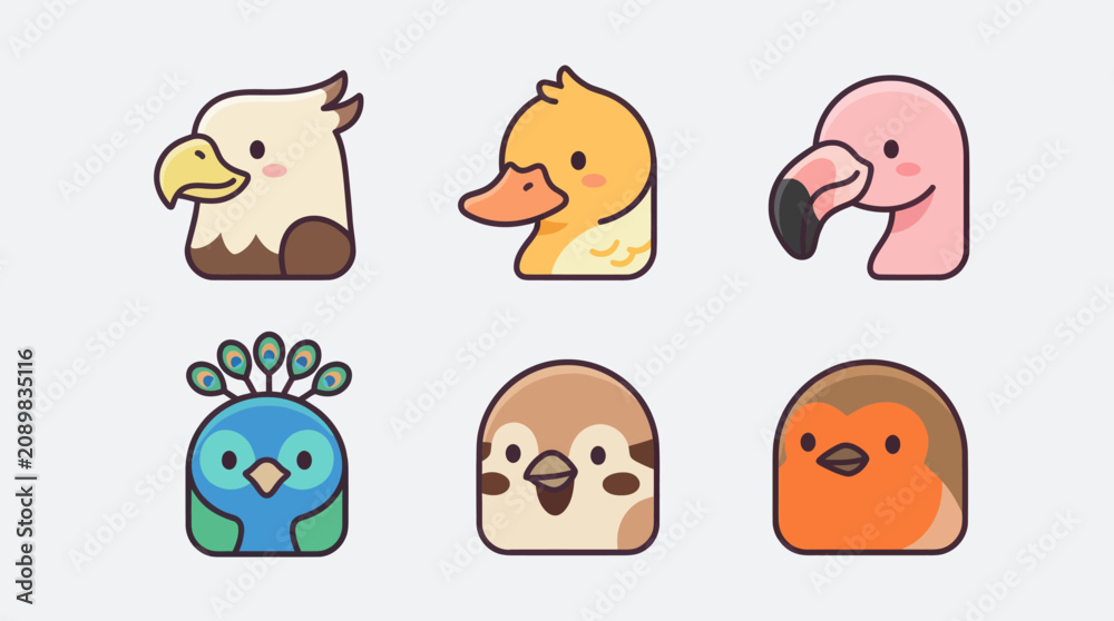 Fototapeta premium Cute cartoon bird icons set