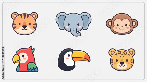Canvas Print Cute cartoon jungle animal faces collection