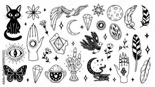 Foto Collection Of Mystical Witchcraft Elements Including A Cat Crystal And Feather B