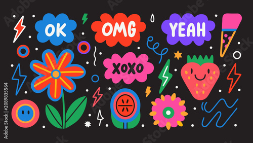 Photos Colorful vector illustration featuring playful text bubbles floral elements and