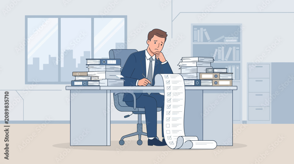 Obraz premium Overwhelmed businessman with long to-do list at cluttered office desk