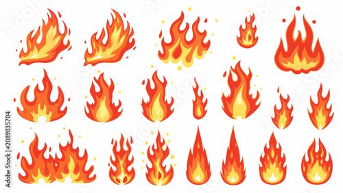 Fotografie Collection of fire flame vector illustrations with varying shapes and bright ora