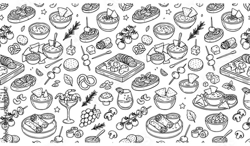 Foto Seamless Hand Drawn Appetizer Doodle Pattern Vector for Restaurant Menus and Foo
