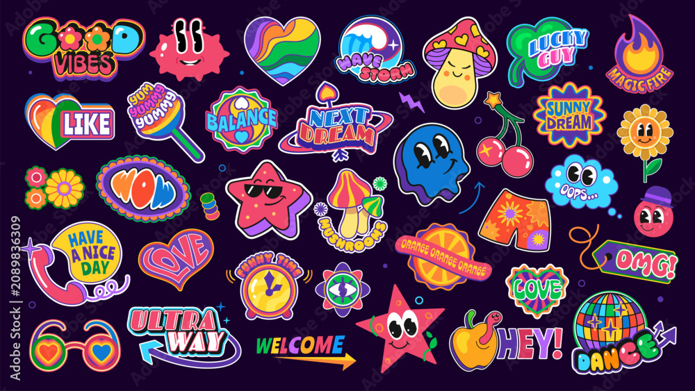 Fototapeta premium Funky groovy y2k stickers, funny patch labels with vector retro shapes and cartoon smile face emojis. Cool flower, hippie rainbow heart, sunglasses, cloud and star characters, WOW and OMG stickers set
