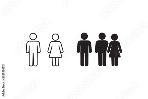 People icon set showing male and female characters in linear and solid black silhouettes.