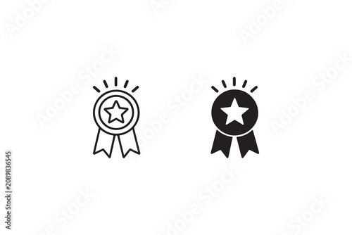 Achievement award badge icon set with star graphic in linear and solid style elements.