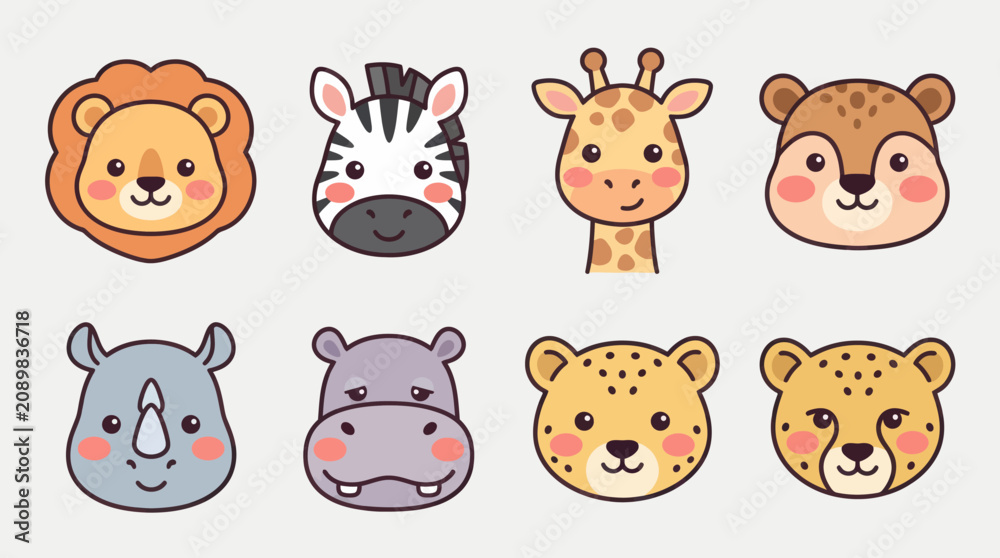Fototapeta premium Cute cartoon safari animal heads collection