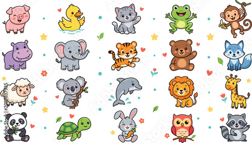 Photography Cute Kawaii Baby Animal Mega Vector Grid Set with Cartoon Panda Tiger Lion Eleph