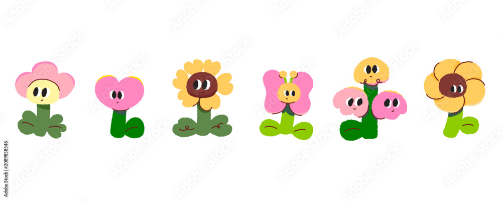 Fototapeta premium Cute flower cartoon characters set with funny smiling faces. Adorable hand-drawn doodle vector illustration collection for stickers, patterns, and kids graphics.