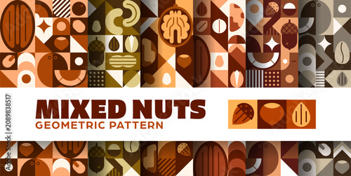 Nuts and beans seamless patterns set with geometric ornament. Mixed nut healthy snack tile backgrounds with walnut, almond, cashew and peanut, hazelnut and acorn motifs in warm brown and beige tones