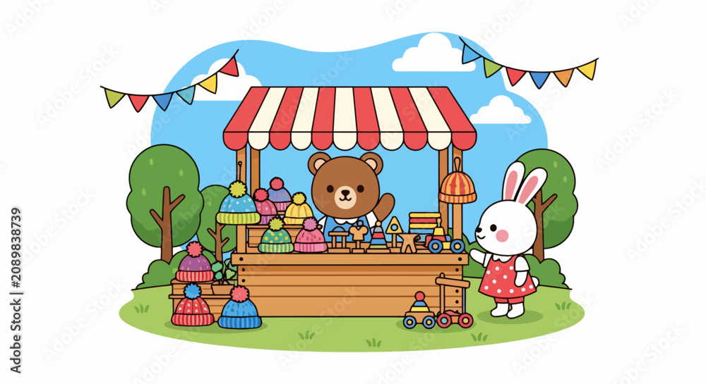 Naklejka premium Cute cartoon bear and bunny at a vibrant market stall.
