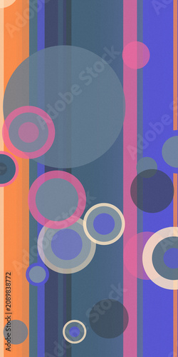 Vibrant abstract geometric background with overlapping circles and vertical stripes in orange, blue, and purple, creating a modern, playful mood for design use.