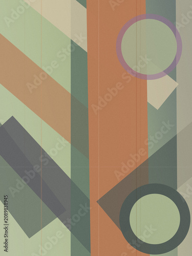 Abstract geometric artwork with overlapping orange, teal, and green rectangles and circles, creating a calm retro mood for modern design and advertising layouts.