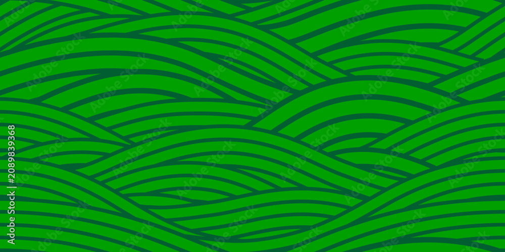 Obraz premium Farm field wavy seamless pattern background, green agriculture bg. Geometric abstract texture with natural rolling hills, rice or corn meadow and grass. Agricultural environmental flowing landscape