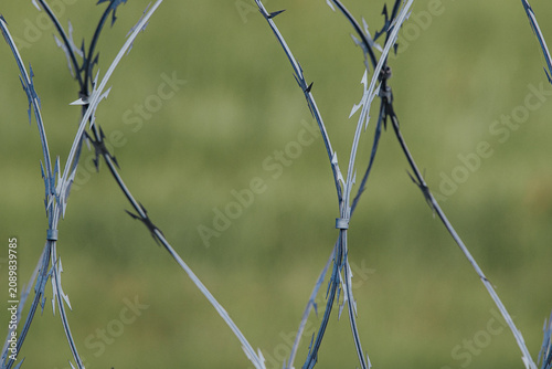 Fotografie Close-up view of barbed wire fence with sharp metal points, set against a blurre