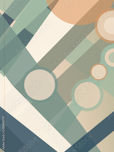 Quadro su tela Muted blue, beige, and teal geometric pattern with soft circular shapes and rings creates a calm retro backdrop for design, branding, and web layouts