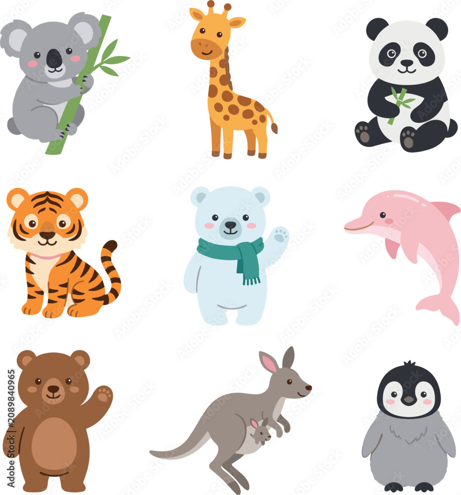 Obraz premium Cute African Safari Jungle Animal Vector Character Collection Featuring Elephant Giraffe Lion Zebra Hippo Cheetah Rhinoceros Meerkat and Flamingo for Kids Designs