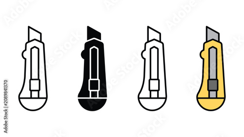 Fotografía Four utility knives with different colored handles on white background