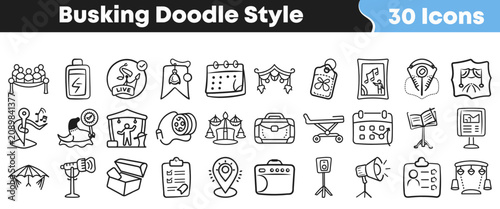 Foto Set of thirty hand drawn busking doodle style vector icons