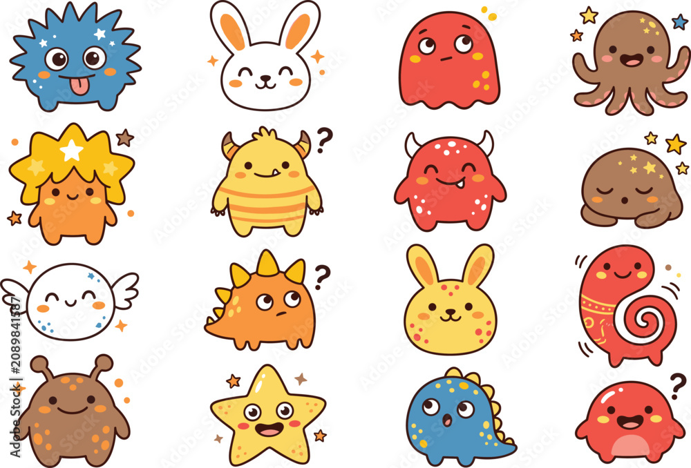 Fototapeta premium dorable kawaii monsters character collection vector illustration with cute animals, spooky ghosts, little dinosaurs, and stars for kids stickers