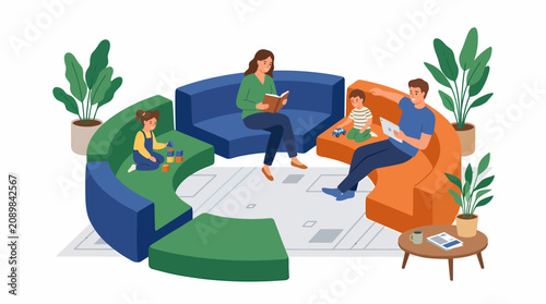 Family relaxing on modern modular sofa, parents reading, kids playing, cozy home interior