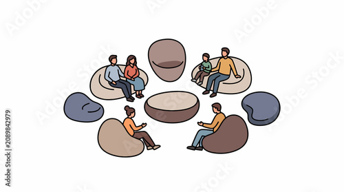 Cozy Family Gathering: People Relaxing in Beanbags Around a Coffee Table