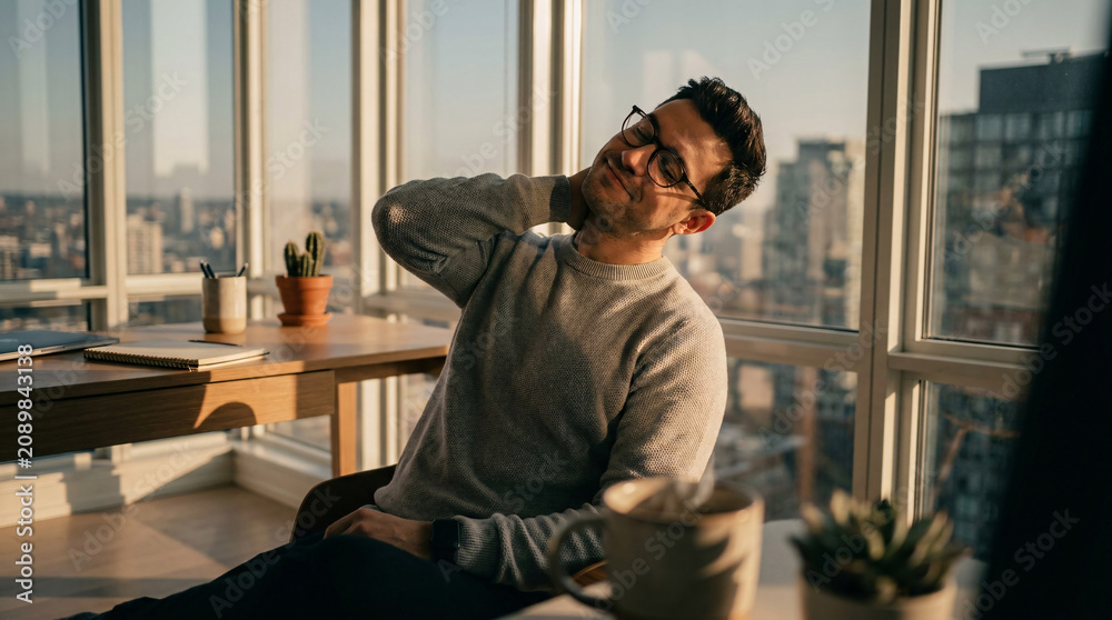 Fototapeta premium Young man stretching his neck and shoulder in a sunlit modern apartment with city views, feeling relief from discomfort, work break