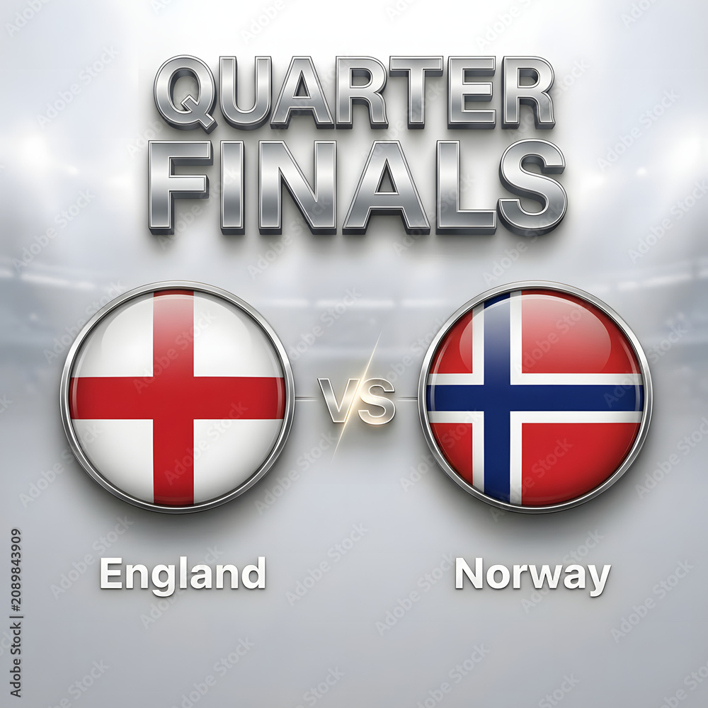 Fototapeta premium England versus norway quarter finals sports match graphic featuring national flags in glossy circular icons on a neutral blurred background design