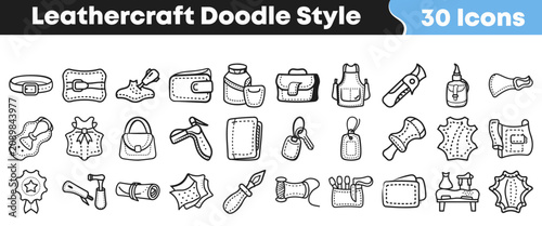 Fotografie Set of thirty hand drawn leathercraft icons in doodle style