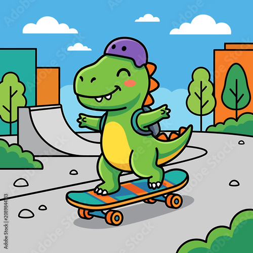 Cute cartoon dinosaur riding a skateboard in a city park with a ramp.