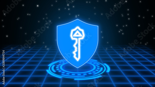 Neon shield with key symbol represents cybersecurity protection. Neon shield for secure access control. Neon shield background for encrypted network safety and digital data systems.